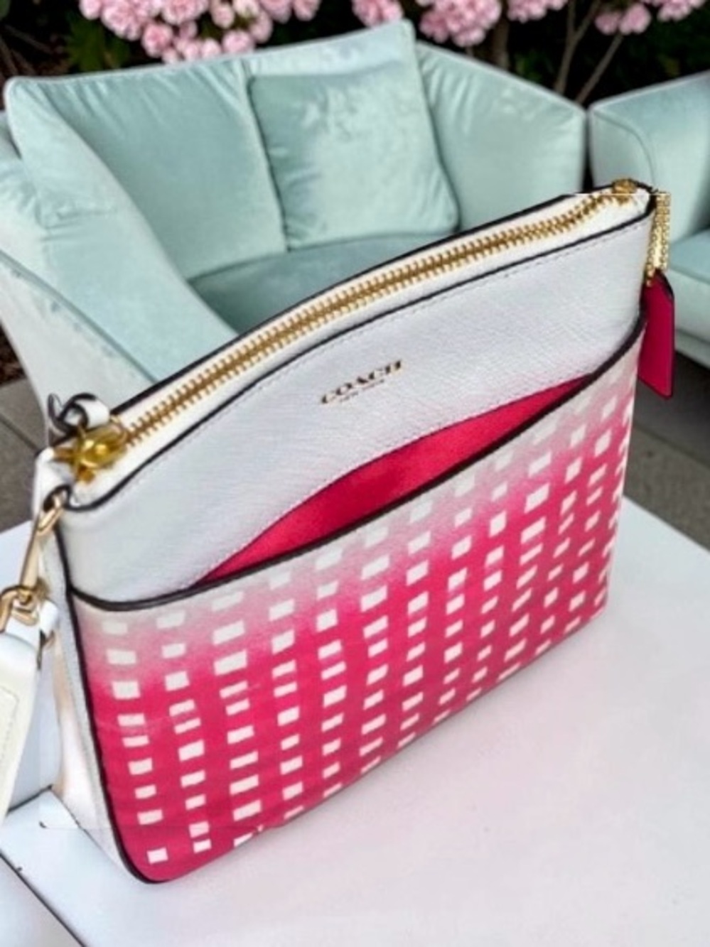 New! COACH Pink Ruby Ombre Gingham Saffiano Leather Swingpack Crossbody (NWT) - Picture 6 of 9